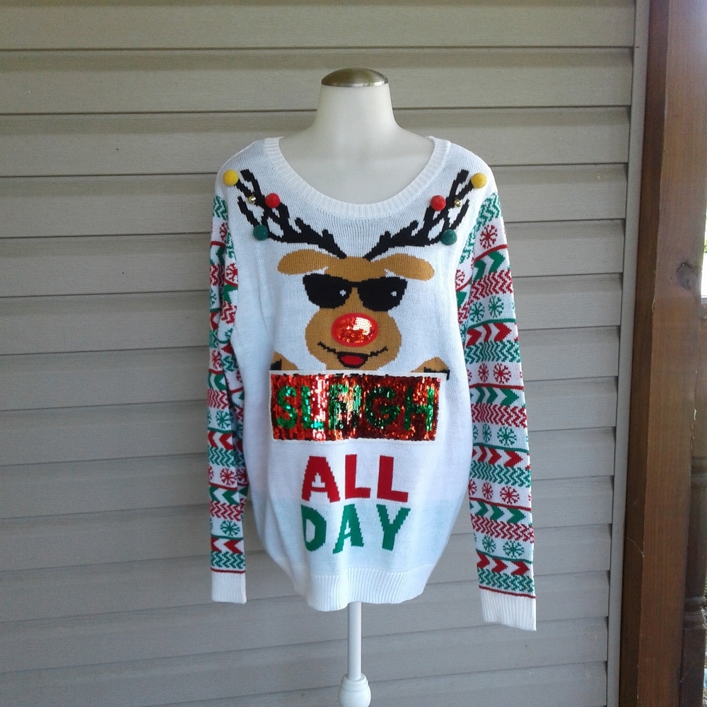 Sequined Christmas Sweater "Sleigh All Day Sz XXL
